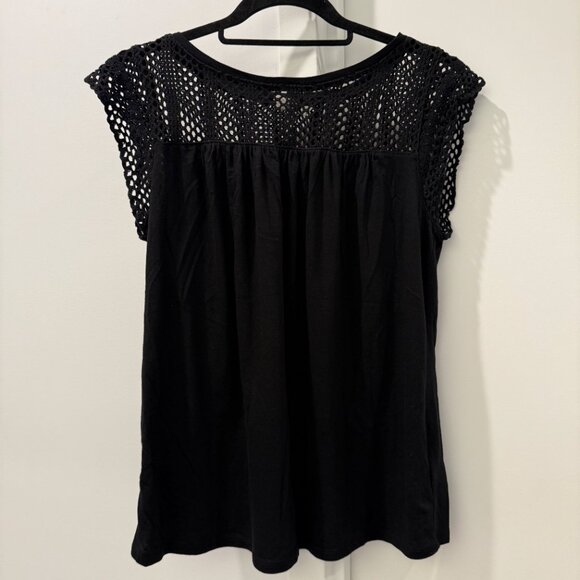 New GAP crochet shortsleeve flutter tee sheer black tshirt drape top S Small - Picture 2 of 16